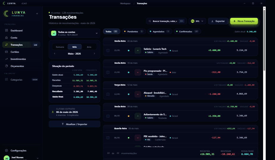 Tela de transações do Lunya com filtros, saldos e histórico financeiro